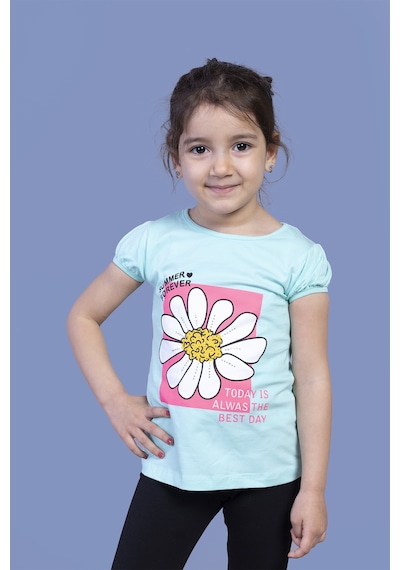 Toontoy Kids Toontoy Kız Çocuk Papatya Baskılı Taş İşlemeli Tişört Su Yeşili