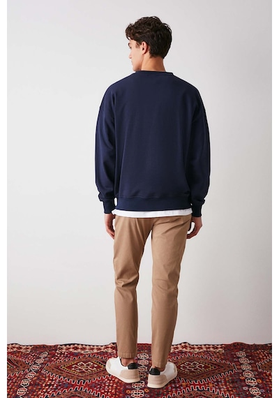 Grımelange Off Erkek Organik Pamuklu Yazı Nakış Detaylı V Yakalı Içi Polarsız Oversize Lacivert Sweatshirt
