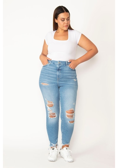Şans Kadın Mavi Yırtık Detaylı Yıkama Efektli 5 Cepli Skinny Kot Pantolon 65n28095-mavi Mavi