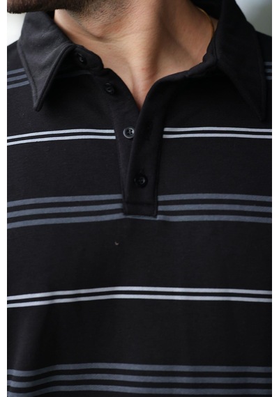 Madmext Siyah Çizgili Polo Yaka Erkek Sweatshirt E7172 Siyah