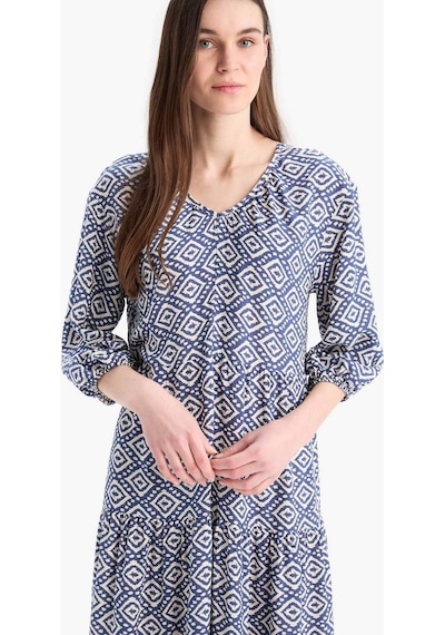Defacto Regular Fit Desenli V Yaka Uzun Kollu Maxi Elbise E8302AX25SP İndigo