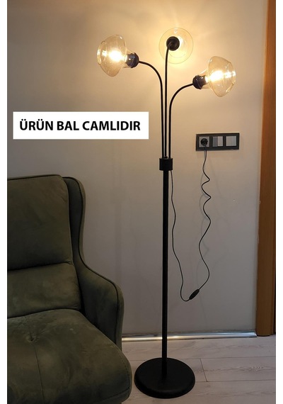 Zambak 3 Lü Siyah Tasarım Metal Ayaklı Lambader 2044b Oturma Odası-salon Lambader Çok Renkli