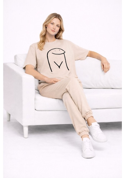 Sevgili Kombini Çift Tişört Oversize Unisex Matching Couple Minim Bej