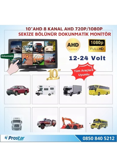 10 İnç 8 Kanal Dokunmatik Ahd 1080p/720p Kayıtlı Araç Monitörü 12-24v