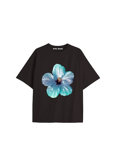 Kalic Studio Kadın Çiçek Özel Baskılı Renkli Oversize Penye Pamuklu Bisiklet Yaka T-shirt Siyah-28