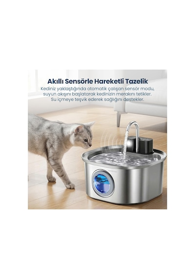 Pwl010 Otomatik Kablosuz Kedi Su Pınarı, Sensörlü , Bataryalı , Ultra Sessiz, Çelik , 3.2lt Hazne