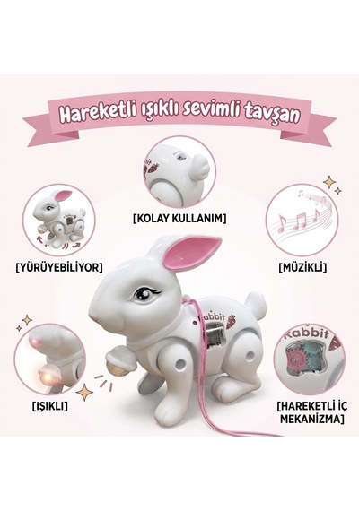 İpli Pilli Işıklı, Müzikli Ve Hareketli Sevimli Dans Eden Tavşan Oyuncak Hayvan Figürü Beyaz