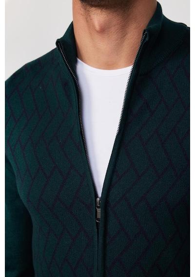 Tudors Slim Fit Dar Kesim Yarım Balıkçı Yaka Fermuarlı Önü Desenli Yeşil Erkek Hırka-29526 Multi Çok Renkli