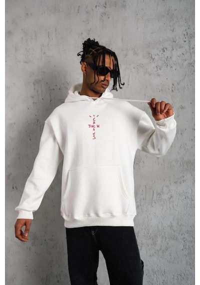 Barlashive Erkek Kordonlu Arka Maske Kordon Saçlı Kapüşonlu Sweatshirt Hoodie - Beyaz Çok Renkli