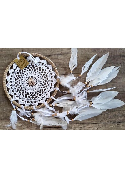 Hdmarketim Düş Kapanı Dreamcatcher Kuş Tüyü Duvar Süsü %100 Pamuk Elişi Beyaz