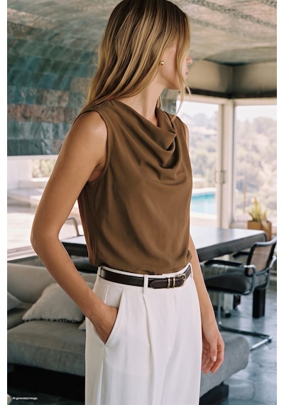 Sateen Desenli Degaje Yaka Bluz - Kahve-137892