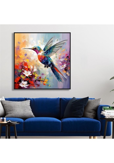 Yağlı Boya Dokulu Tablo Modern Renkli Sinek Kuşu Siyah Çerçeveli U04013-178927
