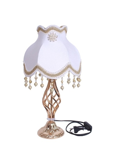 Beyaz Lulu Broşlu Kadife Başlık Gold Metal Burgulu Ayaklı Klasik Model Abajur 55x25cm