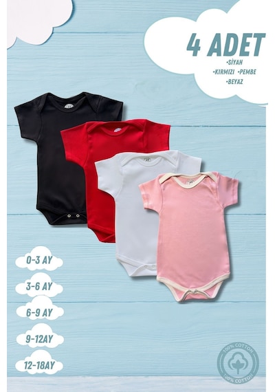 Betül Bebek Kısa Kollu 4'lü Organik Pamuk Çıtçıtlı Bebek Body & Zıbın Siyah,kırmızı,beyaz,pembe Çok Renkli