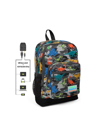 Coral High Kids Dört Gözlü Erkek Çocuk İlkokul Çantası Dinazor Kamuflaj Desenli- USB+AUX Soketli