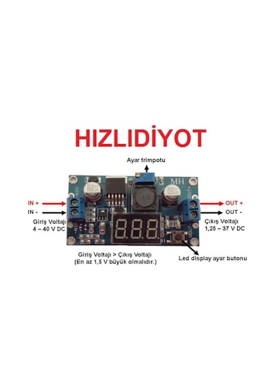Voltmetreli Lm2596 Ayarlanabilir Güç Kaynağı Step Down Modül