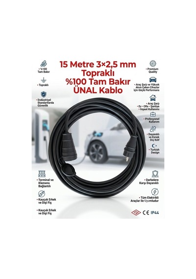 Ünal Kablo Elektrikli Araç Şarj Uzatma Kablosu 15 Metre 3x2,5 Mm² %100 Saf Bakır Kauçuk Erkek-dişi Fişli Tse Ce Belgeli 15 M