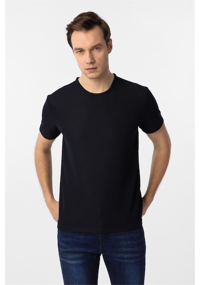 Süvari Lacivert Slim Fit Armürlü Bisiklet Yaka Tişört-37338 Lacivert