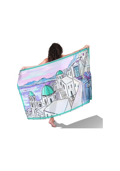 Santorini Dreams Su Yeşili Desen İç Göstermeyen Saten Pareo Çok Renkli