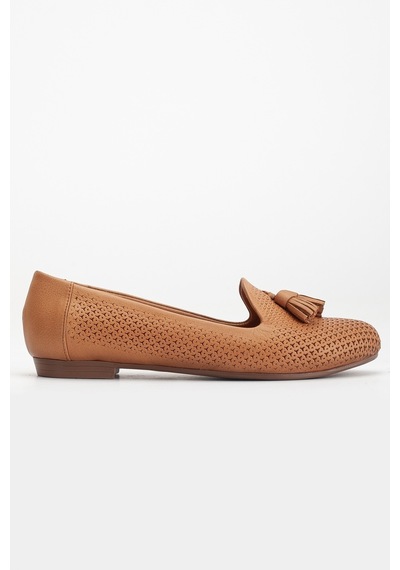Analin Shoes Kadın Hakiki Deri Baskılı Püsküllü Babet Taba