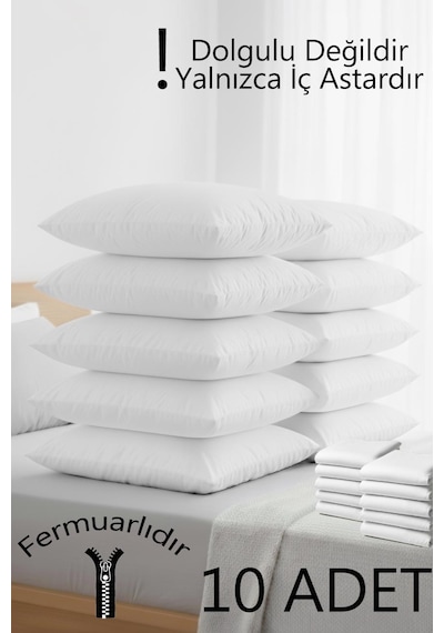 10'lu Beyaz Yastık Iç Astarı, 50x70 Yastık Mitili, Pamuklu Yastık Şiltesi, Fermuarlı Yastık Kılıfı