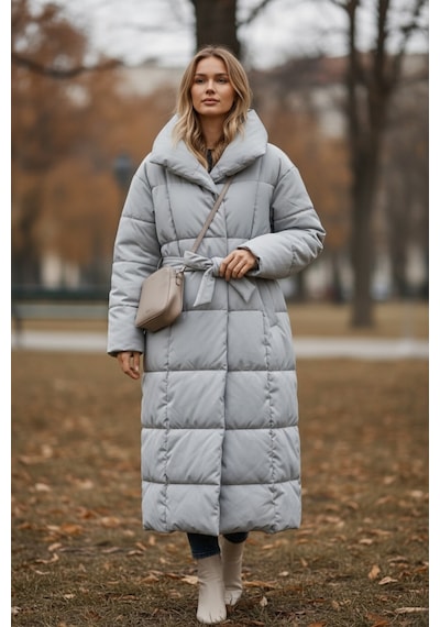 Feg Store Kadın Dik Yaka Kuşaklı Maxi Boy Gri Şişme Mont
