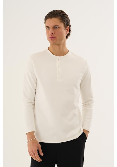 Alexandergardi Waffle Kumaş Düğmeli Yaka Uzun Kollu Sweatshirt Beyaz