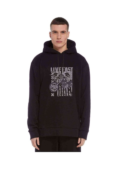 Live Fast Motorsiklet Baskılı Siyah Erkek Örme Sweatshirt (531052840)
