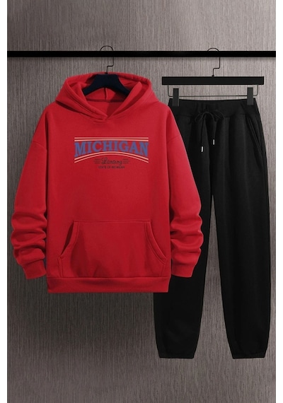 Uyguntarz Unisex Michigan Baskılı Eşofman Takımı Kırmızı