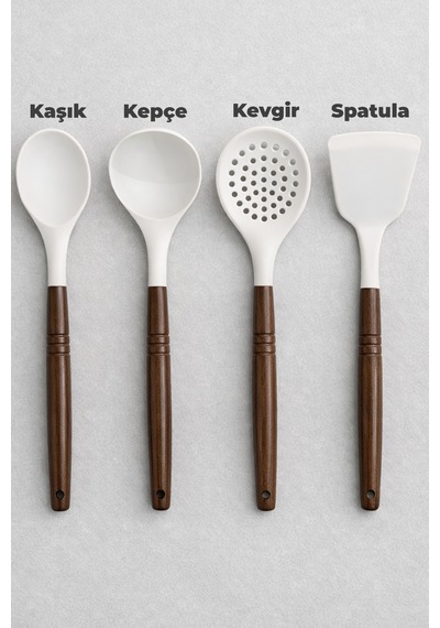 4 Parça Silikon Servis Seti - Akasya Saplı Kaşık, Kevgir, Kepçe Ve Spatula - Yanmaz Yapışmaz Beyaz