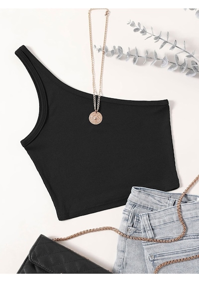 Liona Asimetrik Yaka Kolsuz Tek Omuz Askılı Siyah Renk Fitilli Crop Top Bluz Siyah