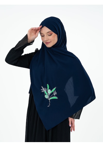 Zaytoon Polyster Lacivert Rengi Şal Filistin Zaytin Dalı Renkli Nakışlı S100040 Mavi