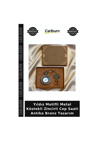Özel Üretim Yıldız Motifli Metal Köstekli Zincirli Cep Saati - Antika Bronz Tasarım - Özel Kutulu