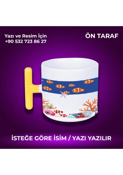 Kişiye Özel Balık Desenli T Kulplu Renkli Kupa- Çok Hoş Hediye Sarı