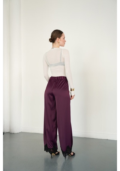 Verymoda Paçası Dantelli Saten Pantolon D2969 Mürdüm