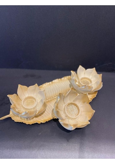 Dekoratif Polyester Üçlü Mumluk Krem-gold Eskitme