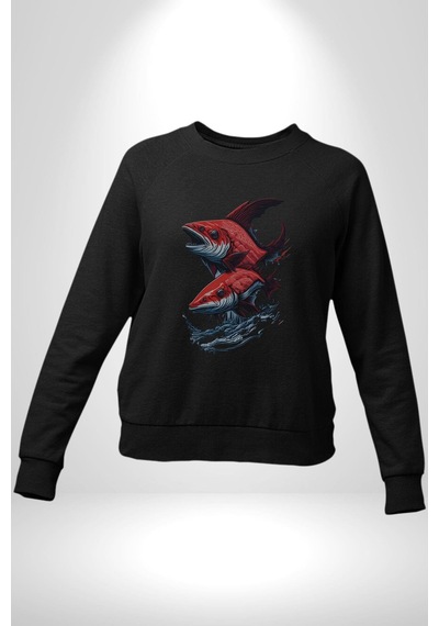 Kırmızı Japon Balığı Unisex Siyah Baskılı Sweatshirt Siyah