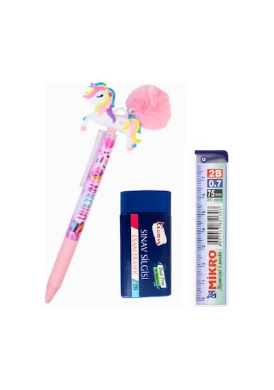 Uni Başlıklı 0,7 Uçlu Kalem+ Uç + Silgi Seti - Pembe Pembe