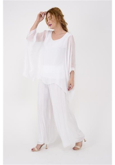 Bohem Stil İtalyan Yarasa Kol İpek Bluz-8869 Beyaz