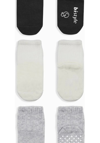 Bistyle Basic Kaymaz Penye Soket Çorap 3'lü Bs10107 Siyah Ekru Gri Siyah Ekru Gri Siyah - Ekru - Gri