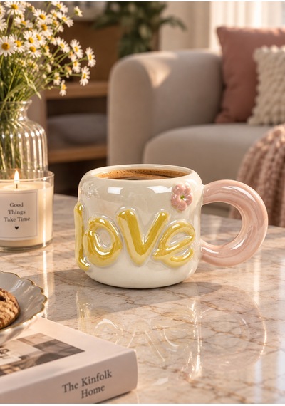 Dear Love Lüsterli Sarı Porselen Kupa 480 Ml-7745 Çok Renkli