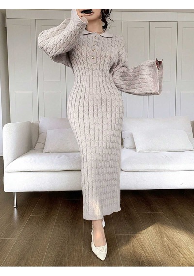 Sayzen Your Shine Gömlek Yaka Düğmeli Saç Örgülü Triko Elbise Sy-2515 Ekru