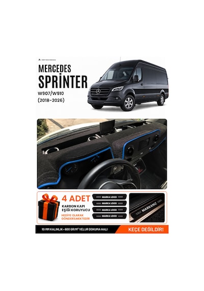 Mercedes Sprinter W907-w910 2018-2026 Uyumlu Torpido Örtüsü, Torpido Kılıfı - Siyah Mavi