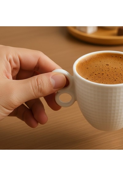 6'lı Seramik Türk Kahvesi Fincan Takımı Ahşap Bambu Tabaklı, Modern Kulplu, Şık Kahve Sunum Seti Çok Renkli