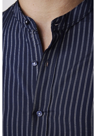 Tudors Slim Fit Hakim Yaka Pamuklu Kolay Ütü Çizgili Lacivert Erkek Gömlek-27734-lacivert Lacivert