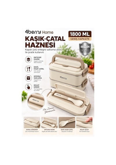 2 Katlı Yemek Termosu 3 Bölmeli 1800 Ml Taşınabilir Yemek Kabı, 304 Paslanmaz Çelik, Sızdırmaz, Isı Yalıtımlı, Kaşıklı Krem