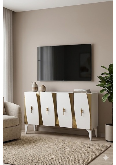 Ka1213bg Elips Konsol Ve Tv Sehpası Beyaz-gold 120cm