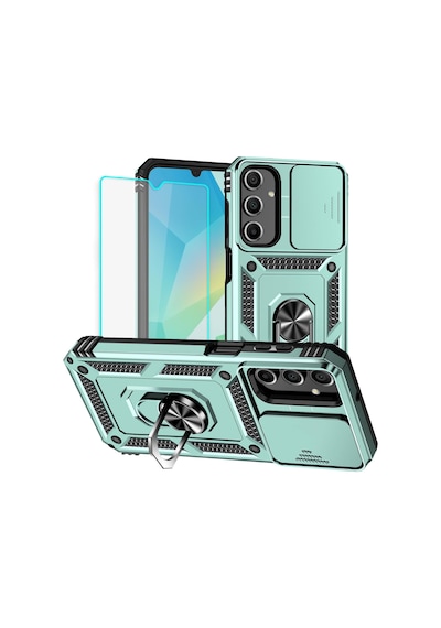 Samsung Galaxy A16 Uyumlu Kamera Sürgülü Tank Kılıf Ve Temperli Cam Ekran Koruyucu Set Yeşil