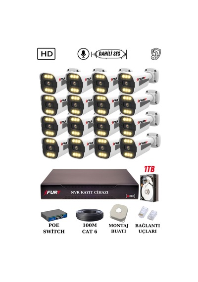 Fury 16 Kameralı Ip Güvenlik Kamerası Seti Sesli 4mp Gece Renkli Su Geçirmez 1506s 1tb