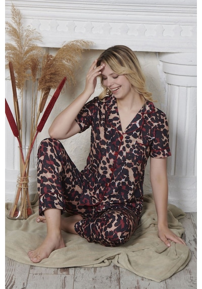 Myben Kadın Bordo Leopar Desenli Kısa Kollu Düğmeli Pijama Takımı 10120 Bordo-2 Bordo